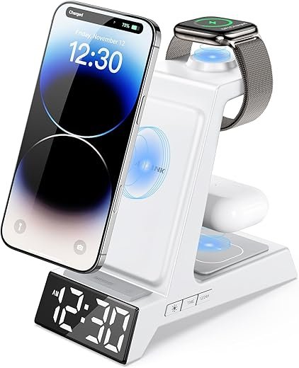 ANJANK 4 in 1 Alarm Clock with Wireless Charging, Wireless Charger Station for Multiple Devices Apple,Charging Dock for iPhone 17 16 15 14 13 12 Pro Max Series, Apple Watch, AirPods Pro 3/Pro 2/4/3/2
