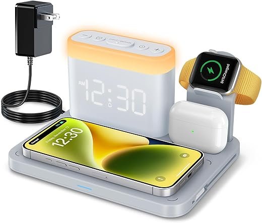 ANJANK Wireless Charging Station with Alarm Clock & Night Light,Magnetic 5 in 1 Charger Stand for Multiple-Device,Charging Dock for iPhone 17 16 15 14 13 12 Pro Max Plus,Apple Watch,Airpods,Nightstand