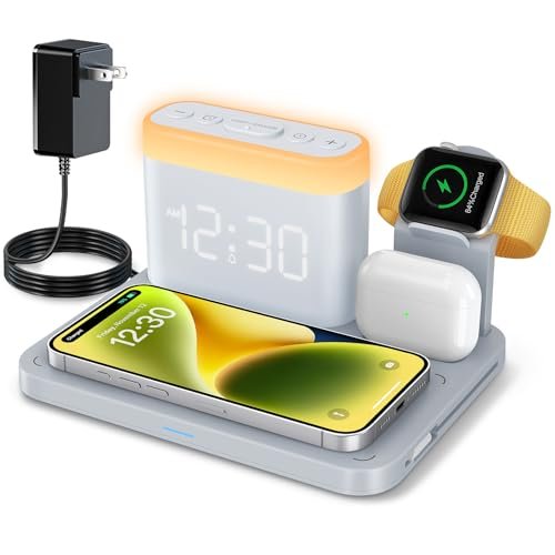 ANJANK Wireless Charging Station with Alarm Clock & Night Light,Magnetic 5 in 1 Charger Stand for Multiple-Device,Charging Dock for iPhone 17 16 15 14 13 12 Pro Max Plus,Apple Watch,Airpods,Nightstand