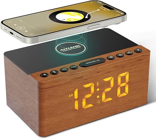 ANJANK Wooden Bluetooth Speaker, Alarm Clock with FM Radio, Qi Certified Fast Wireless Charging Station for iPhone/Samsung, USB Charger Port, Dimmable Display, Digital Wood Clock for Bedroom, Bedside