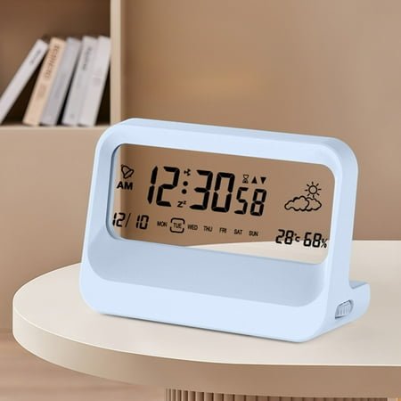 Ankereame Transparent Digital Alarm Clock with Temp & Humidity Display, 12/24H, Silent Mode, Light Blue - Easy Setup Battery Operated Desk Clock for Bedroom/Office