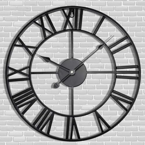 Antique Tower 24 inch Large Roman Numeral Wall Clock, Indoor Outdoor Patio Waterproof Oversized Decorative Contemporary Clock, Antique Black Metal Wall Clock Battery Operated Retro Art Hanging Clock,2