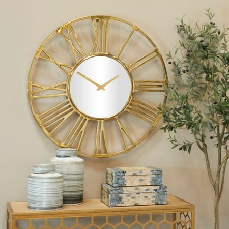 ARCILLA ELEMENTAL Gold Aluminum Metal Open Frame Geometric Decorative Wall Clock with Mirrored Glass Center