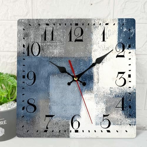 ArtSocket Wooden Wall Clock Silent Non-Ticking, Blue Grey Abstract Painting Gray Contemporary Square Rustic Coastal Wall Clocks Decor for Home Kitchen Living Room Office, Battery Operated (12 Inch)