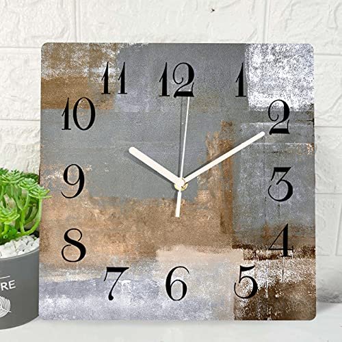 ArtSocket Wooden Wall Clock Silent Non-Ticking,Brown Black Grey White Abstract Painting Modern Wooden Square Rustic Wall Clocks Decor for Home Kitchen Living Room Office, Battery Operated(12 Inch)