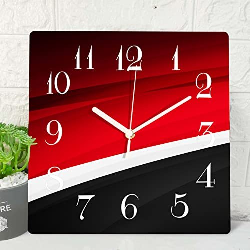 ArtSocket Wooden Wall Clock Silent Non-Ticking, Red Black White Abstract Line Modern Wave Square Wall Clocks Decor for Home Kitchen Living Room Office(12 Inch)