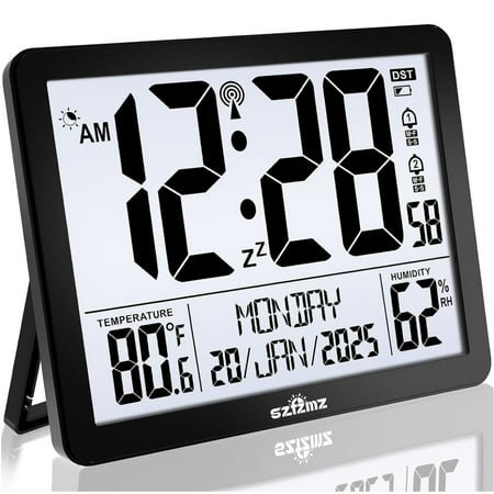 Auto Set Digital Wall Clock With LCD Display - RCC Clock With Backlight, Temperature, Humidity And Date, Digital Calendar Alarm Clock For Elderly, Bedroom, Office, Battery Operated, Black