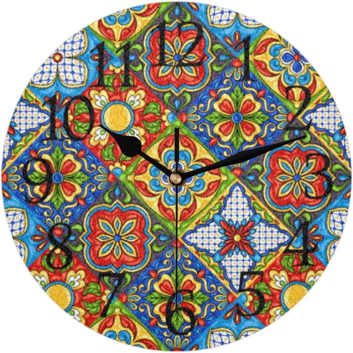 AUUXVA Mexican Ceramic Tile Wall Clock Silent Non-Ticking,Flower Mandala Round Wall Clock Battery Operated Clock Decor for Home Wall Bathroom Kitchen Bedroom Living Room Office School Patio
