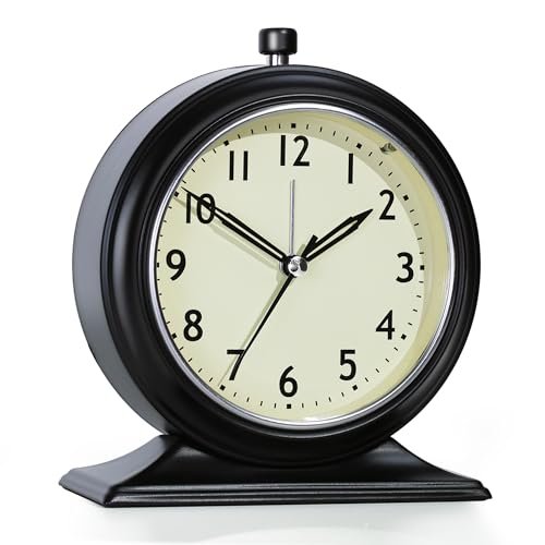 AYRELY® 4-inch Battery Operated Alarm Clock Silent Analog Desk Clocks with Light Vintage Metal Table Clock for Living Room Shelf Bedside Home Decor (Black)
