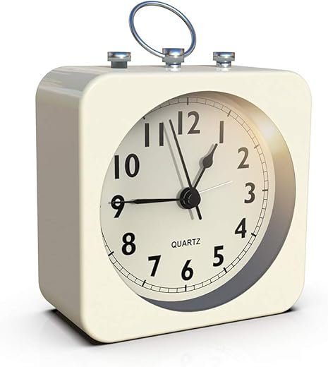 AYRELY® Battery Operated Alarm Clock with Square Metal Case,No Ticking Analog Quartz, Simple Operation for Bedroom/Travel/Desk/Mantel/Kids (Cream)