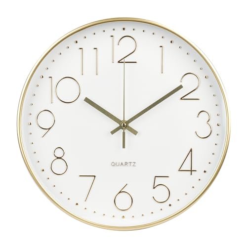 bakbrand Wall Clock 10 Inch Non-Ticking Silent Modern Simple Style Round Decor Clock Gold Stereoscopic Dial Quartz Wall Clocks for Home/Office/School/Living Room/Bedroom/Kitchen