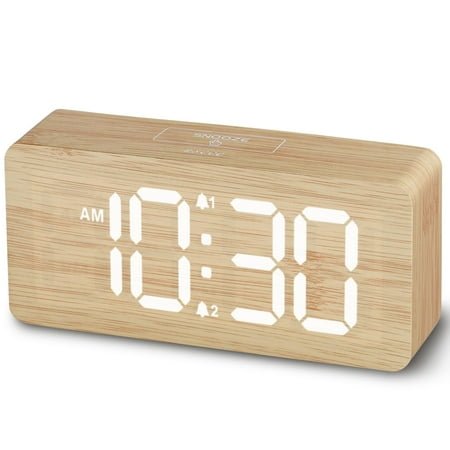 Bamboo Digital Alarm Clock with Large Numbers, Dimmable LED Display Dual Alarm for Bedside Desk, USB Charging Port, Wooden