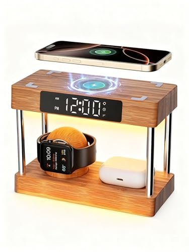 Bamboo Wireless Charging Station with Clock, Gifts for Her Him Bedside Light Alarm Clock with Wireless Charging, Bamboo Charging Station for Multiple Devices iPhones 16-8|AirPod|iWatches