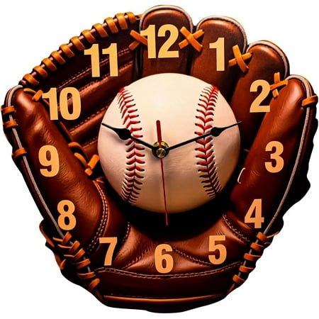 Baseball Glove Wall Clock with Customizable Name,Wooden Printing,Silent Pointers,Using AA Batteries，10 inches,Brown Leather Design,Living Room,Bedroom,Office Decoration