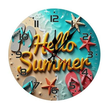 Beach Summer Flip Flops Wall Clock 10 Inch Silent Non Ticking Round Wooden Clock Decoration for Living Room Kitchen Bedroom Bathroom Office Classroom