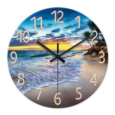 Beach Wall Clock Battery Operated 16 Inch Glass Wall Clock Non Ticking Analog Blue Wall Clocks for Bedroom Living Room Office Decor
