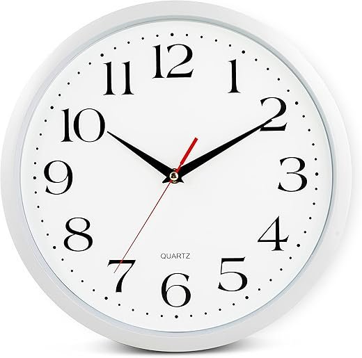 Bernhard Products White Wall Clock Silent Non Ticking, 12 Inch Quality Quartz Battery Operated Round Easy to Read Home/Office/Kitchen/Classroom/School Sweep Clock, Black Hands