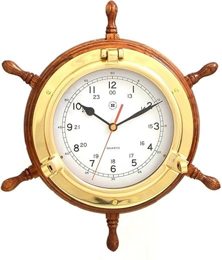 Bey-Berk SQ509 Lacquered Brass Porthole Quartz Clock with Ship's Wheel on Oak Wood, Brown