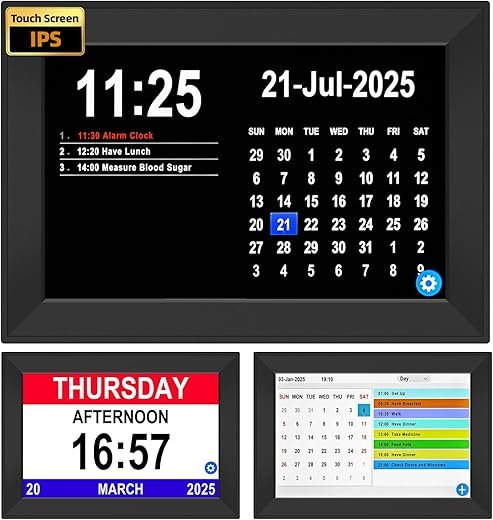 Bgift 10.1Inch Touch Screen Digital Alarm Clock for Seniors,with Date and Day of Week, Auto DST 64 Alarms 40 Reminder,Digital Calendar for Elderly,Auto Dimmable Gifts
