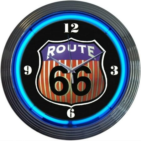 Bilot Cars and Motorcycles Route 66 Round Neon Wall Clock, 15-Inch, Chrome rim with a single ring of blue neon By Brand Bilot