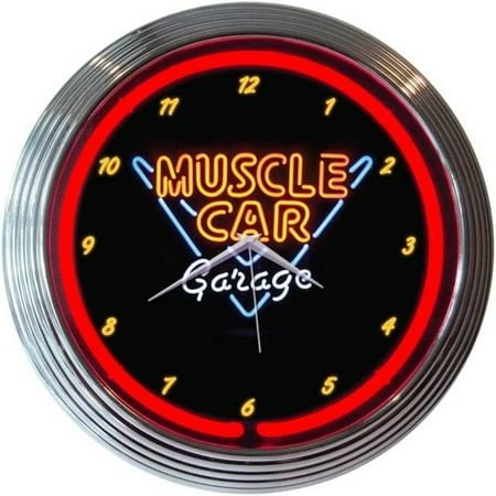 Bilot Muscle Car Garage Neon Wall Clock, 15-Inch, Chrome rim with a single ring of red neon By Brand Bilot