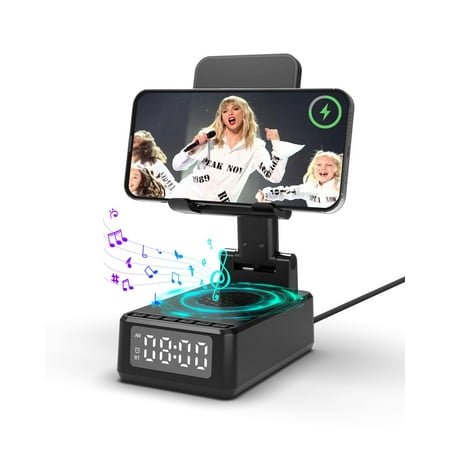 Birthday Gifts for Men Women,6-in-1 Cell Phone Stand Holder with Wireless Bluetooth Speaker & Wireless Charger,Alarm Clock for iPhone,HD Surround Sound Portable Bluetooth Speaker Gifts for Him Her