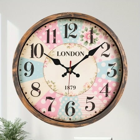 Black Paris Decorative Wall Clock with Big Arab Numerals, Retro Wood Wall Clocks for Living Room, Office and Kitchen, Colorful Quality Quartz Quiet Round Hanging Clock