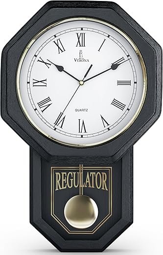 Black Pendulum Wall Clock - Real Wood Regulator Clock - Rustic, Farmhouse Schoolhouse Design 18x11 - Quiet, Non-Chiming, Wooden & Battery Operated - Decorative Wall Decor for Living Room, Home, Office
