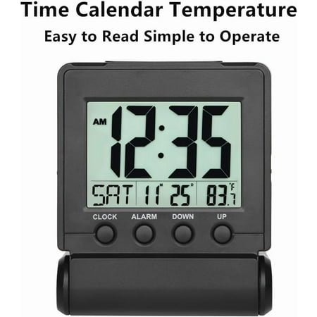 Black Small Folding Travel Alarm Clock - Digital, Date/Temp Display, Easy Read/Set + High/Low Alarm Volume