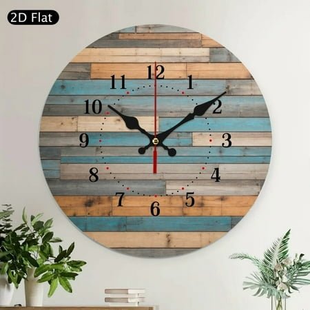 Blue and Grey Wood Print Wall Clock Silent Non Ticking Wall Clocks Battery Operated Round Wall Decor for Bathroom Kitchen Bedroom 10 in