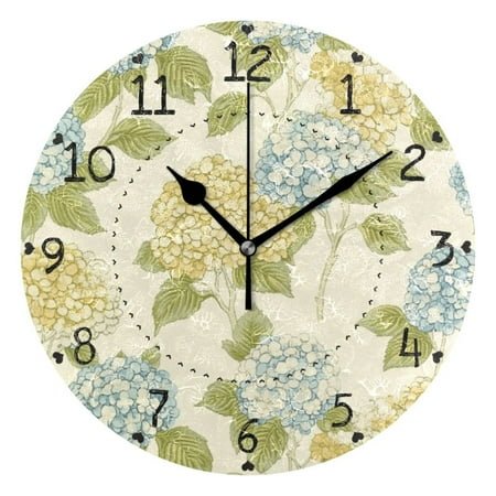 Blue and Yellow Hydrangeas Round Wall Clock Silent Battery Operated Home Decor for Living Room Bedroom