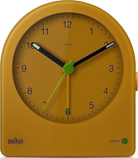 Braun Classic Analogue Alarm Clock with Snooze and Continuous Backlight, Quiet Quartz Movement, Easy to Read Dial, Crescendo Beep Alarm in Yellow, Model BC22Y.