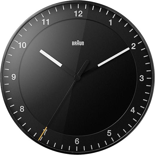 Braun Classic Large Analogue Wall Clock with Silent Sweep Movement, Easy to Read, 30cm Diameter in Black, Model BC17B.