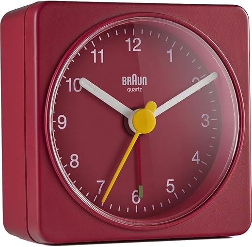 Braun Classic Travel Analogue Alarm Clock, Compact Size, Quiet Quartz Movement, Crescendo Beep Alarm in Red, Model BC02R.