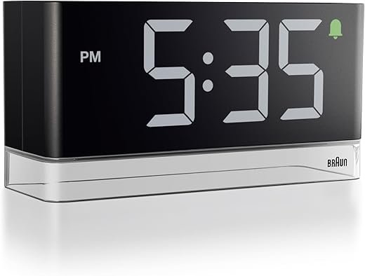 Braun Digital Alarm Clock with Extra Large LED Display, Touch Snooze Zone, Quick Set, Adjustable Night Light, Beep Alarm, in Black, Model BC27B