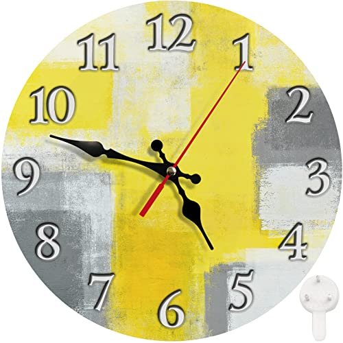 Britimes Round Wall Clock Silent Non-Ticking Battery Operated Clock 10 Inch, Grey Yellow Contemporary Home Decor for Living Room, Kitchen, Bedroom, and Office