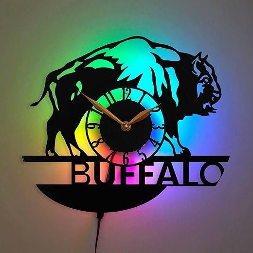 Buffalo Wall Clock – LED Lighted Design with Bold Buffalo Silhouette – Unique Nature and Wildlife Decor for Animal Lovers, Black