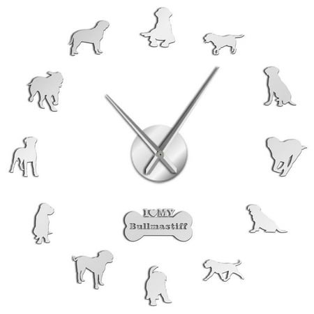 Bullmastiff Silhouettes Frameless Wall Clock Stickers, DIY Modern Decorative Clocks for Living Room, Bedroom, Office - Easy to Install, Large 3D Clock Design (Silver,37in)