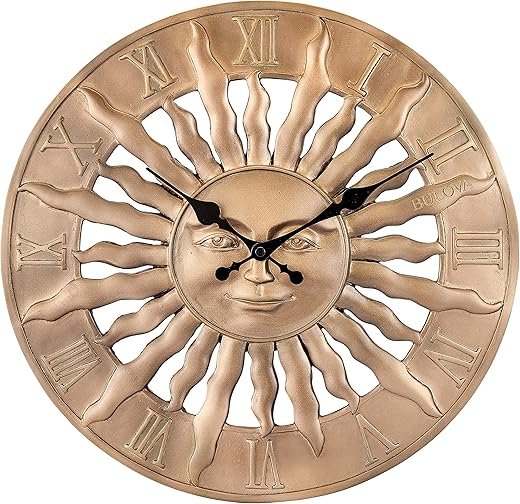 Bulova Sunrise Wall Clock C4860 | 14.3 3D Sunburst Resin Design with Roman Numerals | Silent Quartz Movement | Battery Operated | Indoor/Outdoor Décor