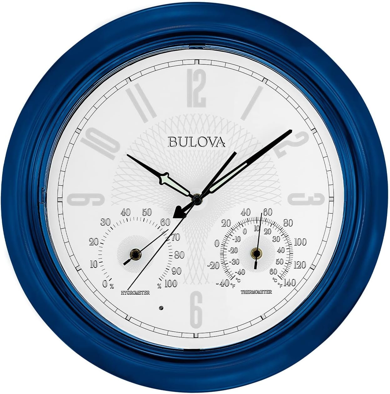 Bulova Tiverton Wall Clock C4885 | 18 Gloss Royal Blue Metal Frame with LED Backlighting | Silent Sweep Quartz Movement | Battery Operated | Weatherproof Outdoor Décor