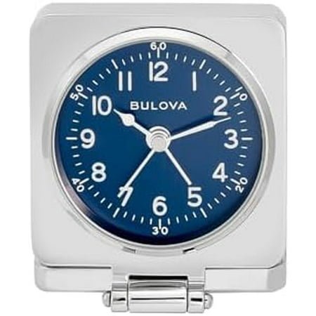 Bulova Travel Hack Alarm Clock B1882 | Vintage-Inspired Flip Cover Design with Blue Dial | Quartz Movement | Battery Included | Compact Travel Clock with Gift Pouch