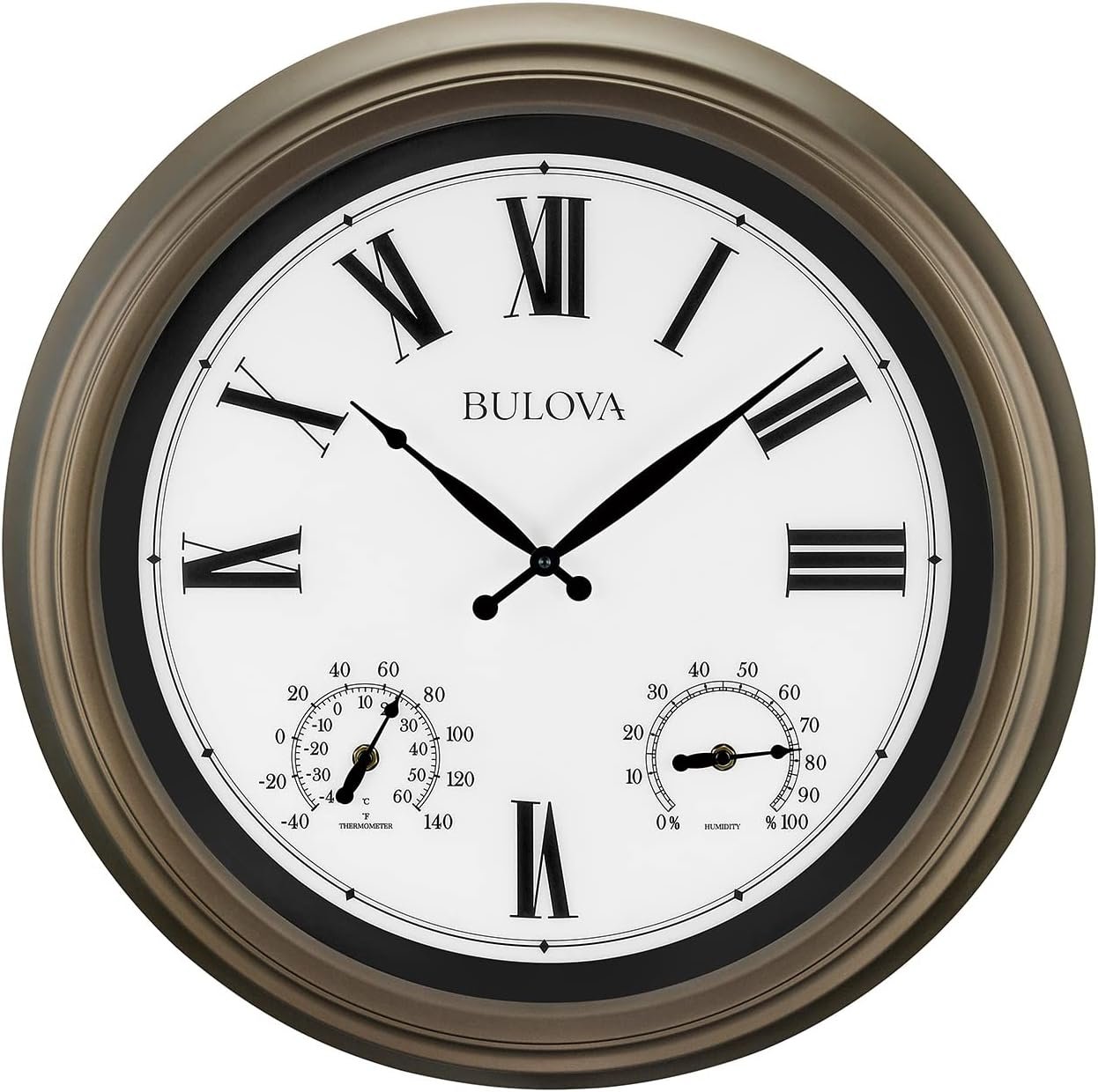 Bulova Vineyard Illuminated Wall Clock C4886 | 22 Matte Bronze Metal Frame with Backlit Dial | Built-in Thermometer & Hygrometer | Battery Operated | Weatherproof Outdoor Décor