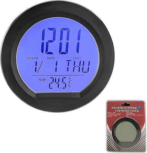 Car Digital Thermometer Clock, Solar Powered Dashboard Clock with Automatic Backlight, 24 Hour Format Time, Temperature, Calendar for Car Truck Home