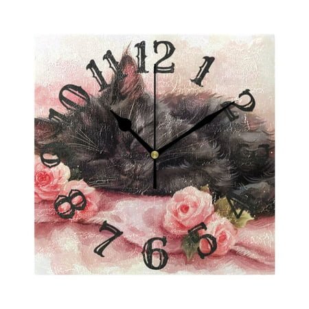 Cat Flowers Wall Clock Square Silent Non Ticking Battery Operated Clock for Home Bathroom Kitchen Bedroom Living Room