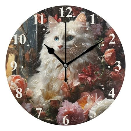 Cat in Flowers Black 10 inch Wall Clocks Non Ticking Easy to Read Battery Decorative for Home Bathroom Kitchen Bedroom Living Room