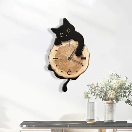 Cat Wall Clock Modern with Swinging Tail Silent for Kids Room Bedroom Home Decor