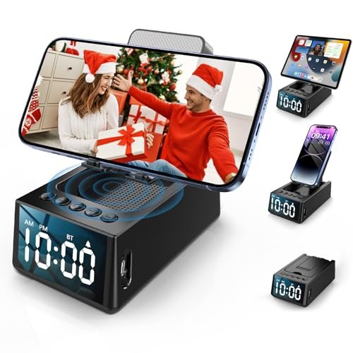 Cell Phone Stand with Wireless Bluetooth Speaker & Alarm Clock, 3 in 1 Adjustable Holder with Anti-Slip Base Fits All Phones Tablets, Unique Tech Gifts for Men/Women, Dad, Mom, Husband, Wife (Black)
