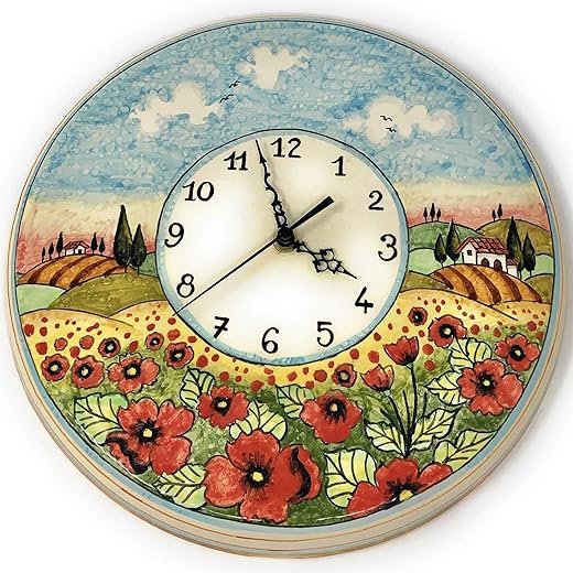 CERAMICHE D'ARTE PARRINI - Italian Ceramic Wall Clock Decorated Landscape Poppies Hand Painted Made in Italy Tuscan Art Pottery