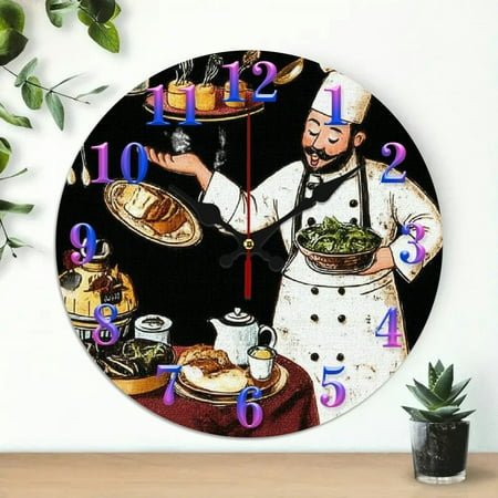 chef food table Wood Wall Clock, Wall hanging decor Wall Decor for Linving Room, Great for Living Room, Kitchen, Dorm Decoration and Daily Practical Gift