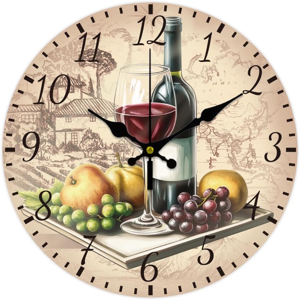 CHGCRAFT 12inch Retro Wine Wall Clock Battery Operated Silent Non Ticking Round Decorative Clock for Office Home Living Room Bedroom Bathroom Kitchen Decor, Red Wine